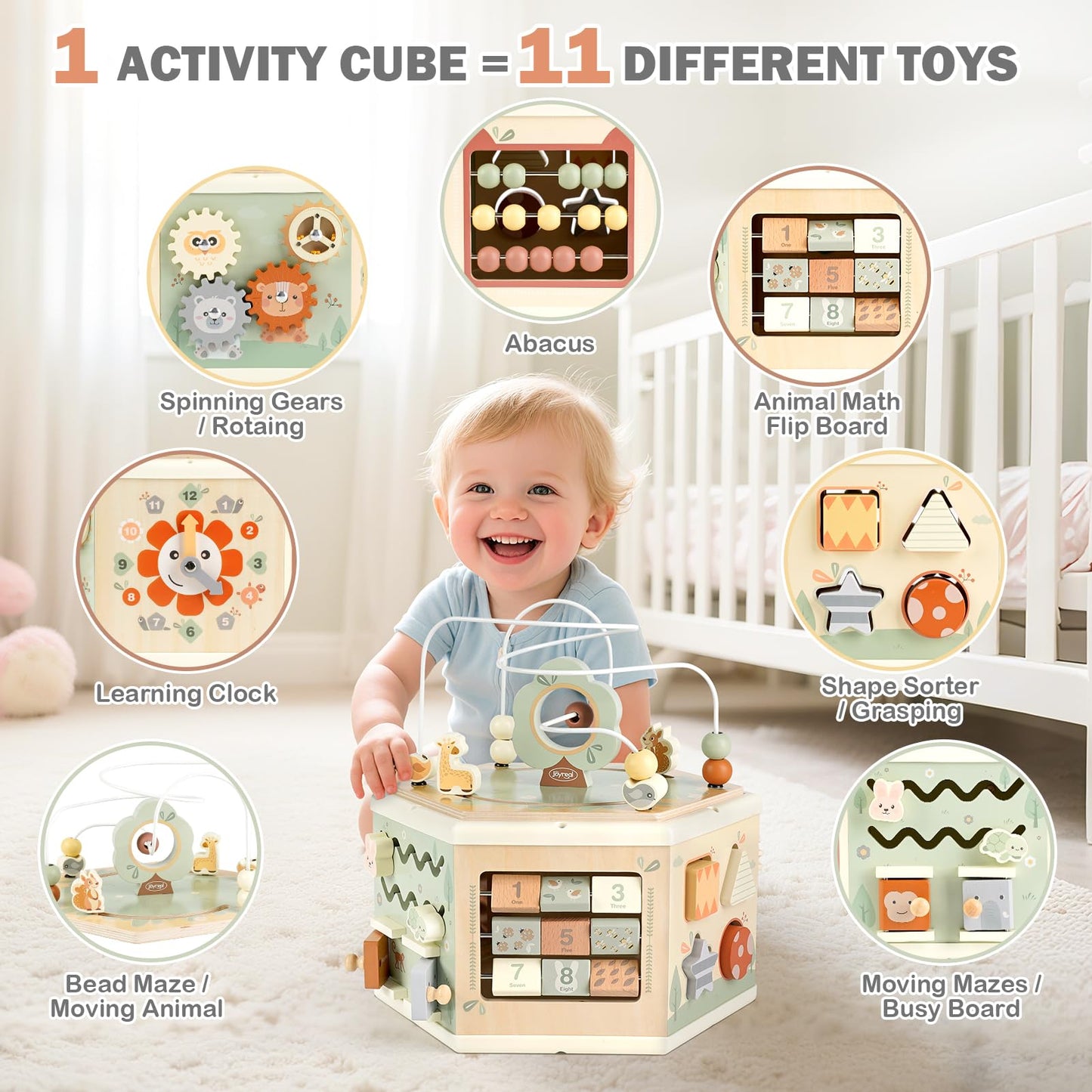 Joyreal Wooden Activity Cube - 11-in-1 Montessori Toy for Toddlers, Small, Neutral Colors, Model MX439, Ideal 1st Birthday Gift