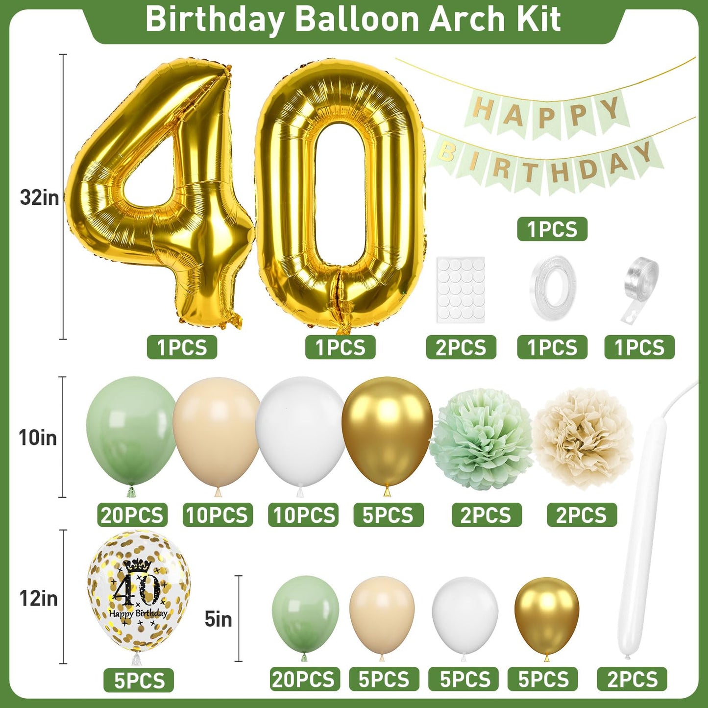 40Th Birthday Decorations Sage Green,40Th Birthday Balloon Garland Party Decorations With Number 40 Foil Balloons,Happy Birthday