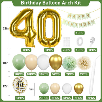 40Th Birthday Decorations Sage Green,40Th Birthday Balloon Garland Party Decorations With Number 40 Foil Balloons,Happy Birthday