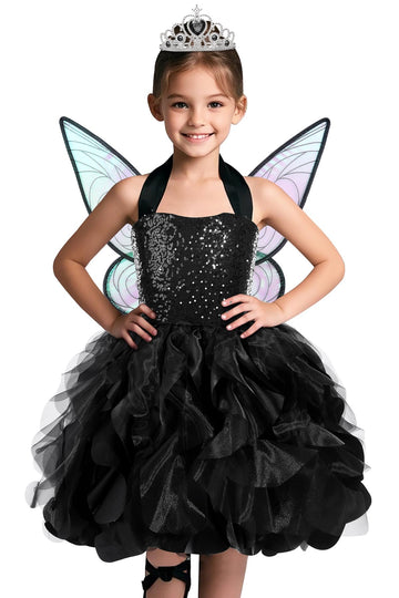 Soyoekbt Fairy Costume For Girls Princess Tutu Dress With Butterfly Wings For Girls Birthday Party Dress Up (Black, 9-10 Years)