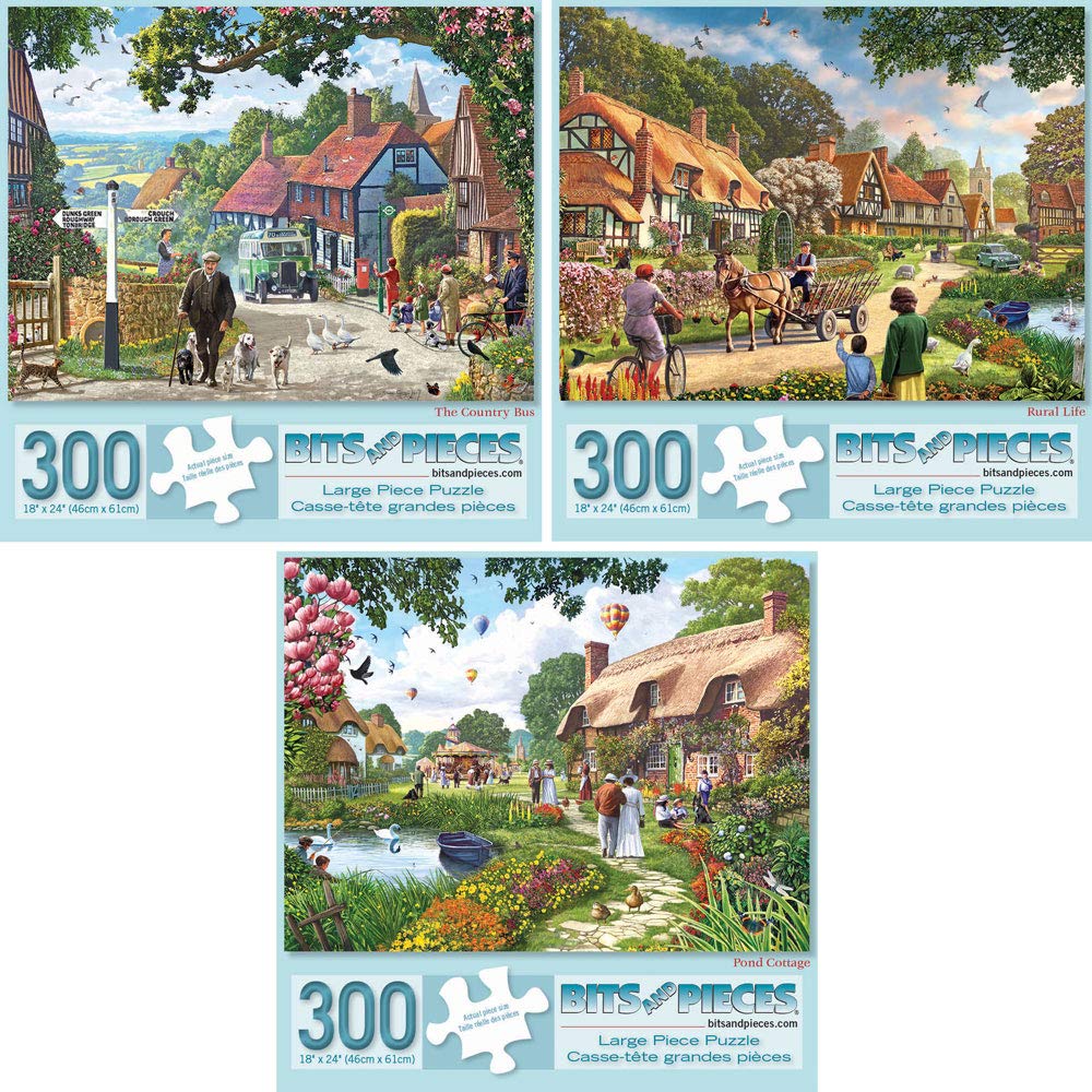Bits and Pieces - Value Set of Three Large 300 Piece Jigsaw Puzzles for Adults - Village Life Jigsaw Puzzles by Artist Steve Cri