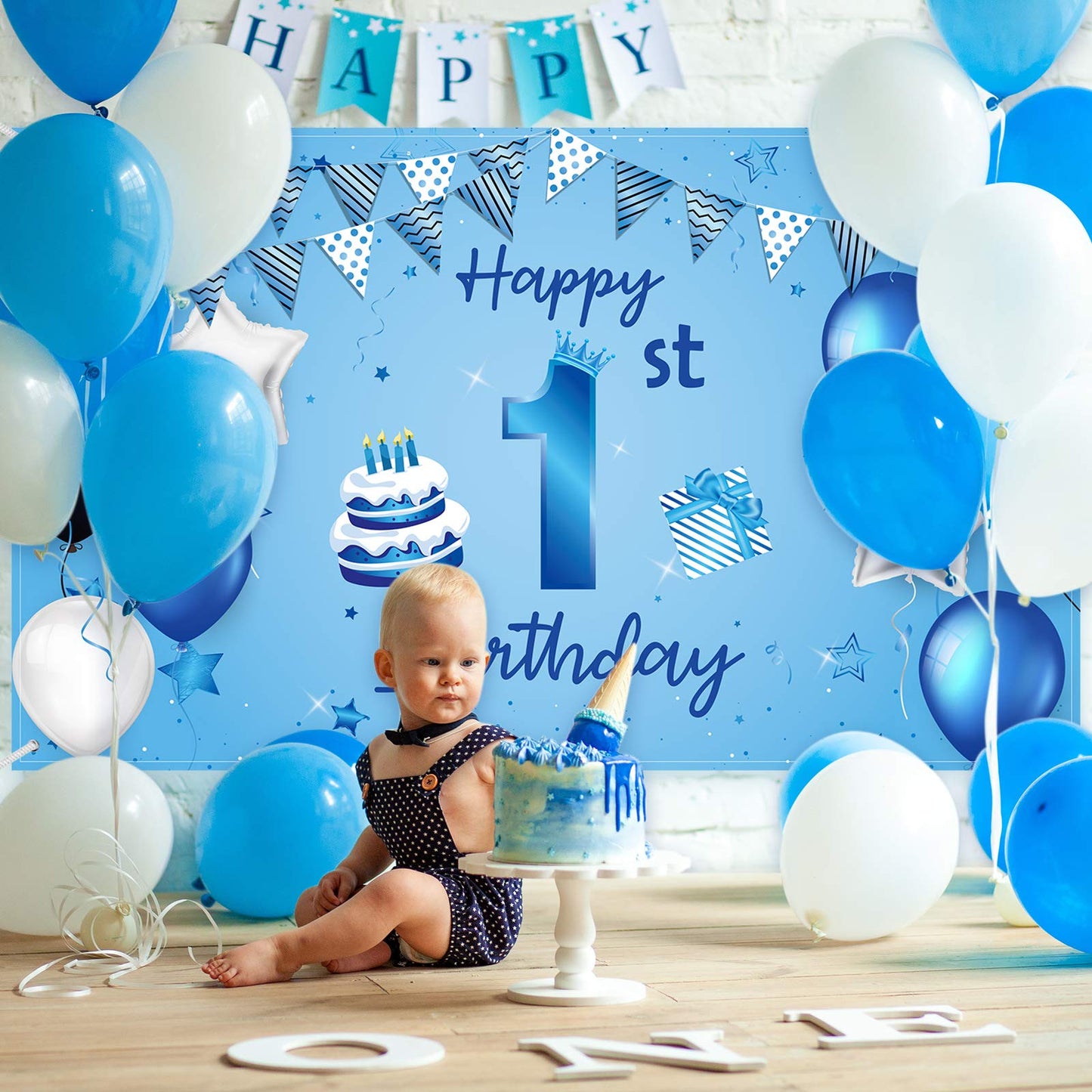 Blulu Happy 1st Birthday Backdrop Banner, Blue Polyester, 72.8 x 43.3 Inch, Baby Shower Decorations, Model Blulu-Photography Background-06