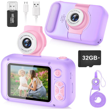 ARNSSIEN 2.4 Purple Kid Camera - Digital Selfie Camera with 180° Flip Lens & Playback Game for Ages 4-11, Perfect Christmas/Birthday Gift