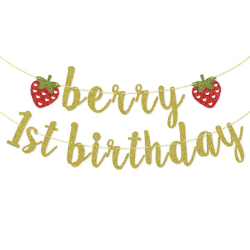 Berry First Birthday Banner, Glitter Strawberry Banner, 1St Birthday Decor (Gold)