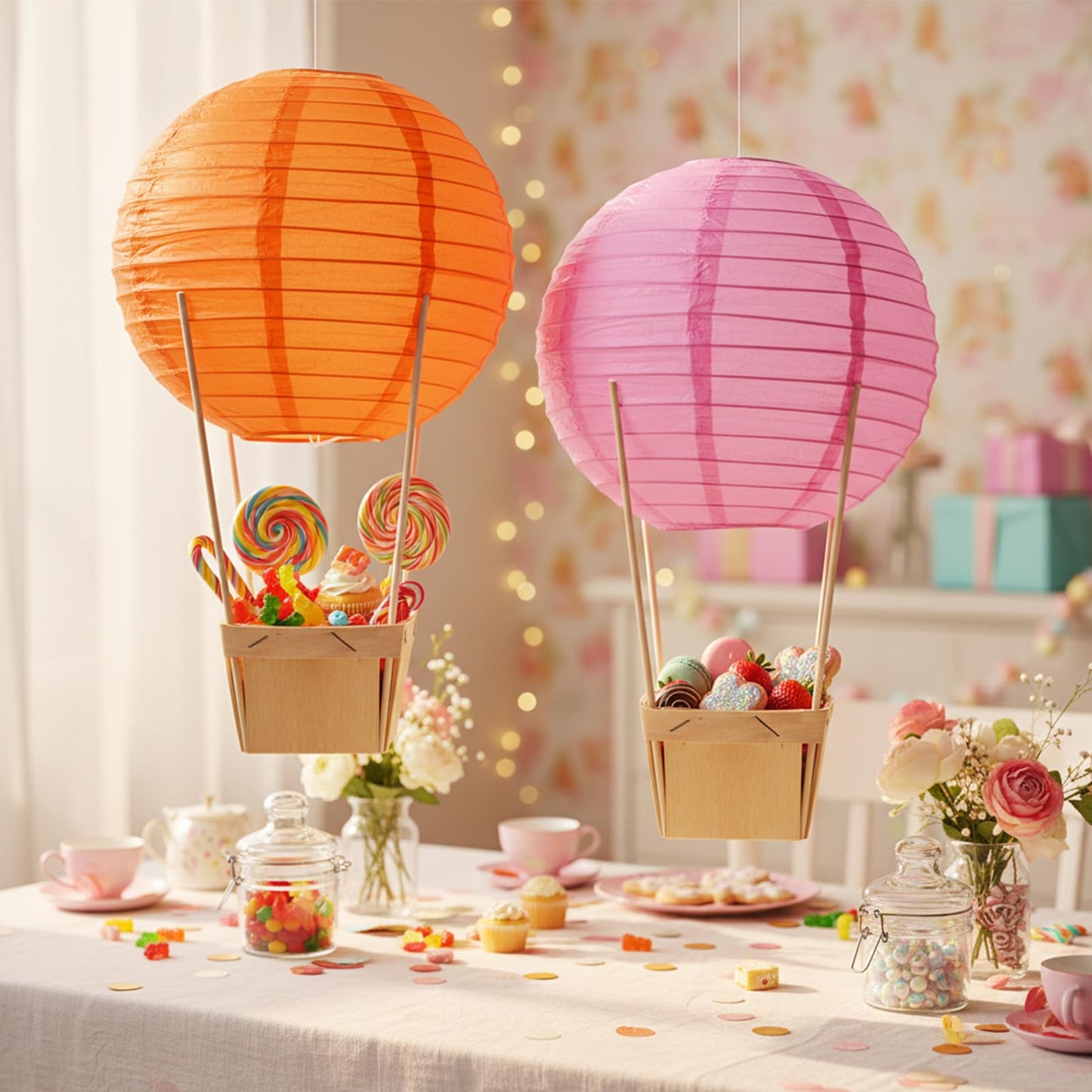 Namalu 24 Set Hot Air Balloon Centerpieces - Paper Lanterns & Wooden Candy Boxes for Baby Shower, Wedding, Bachelorette, Birthday Party - Red, Orange Series