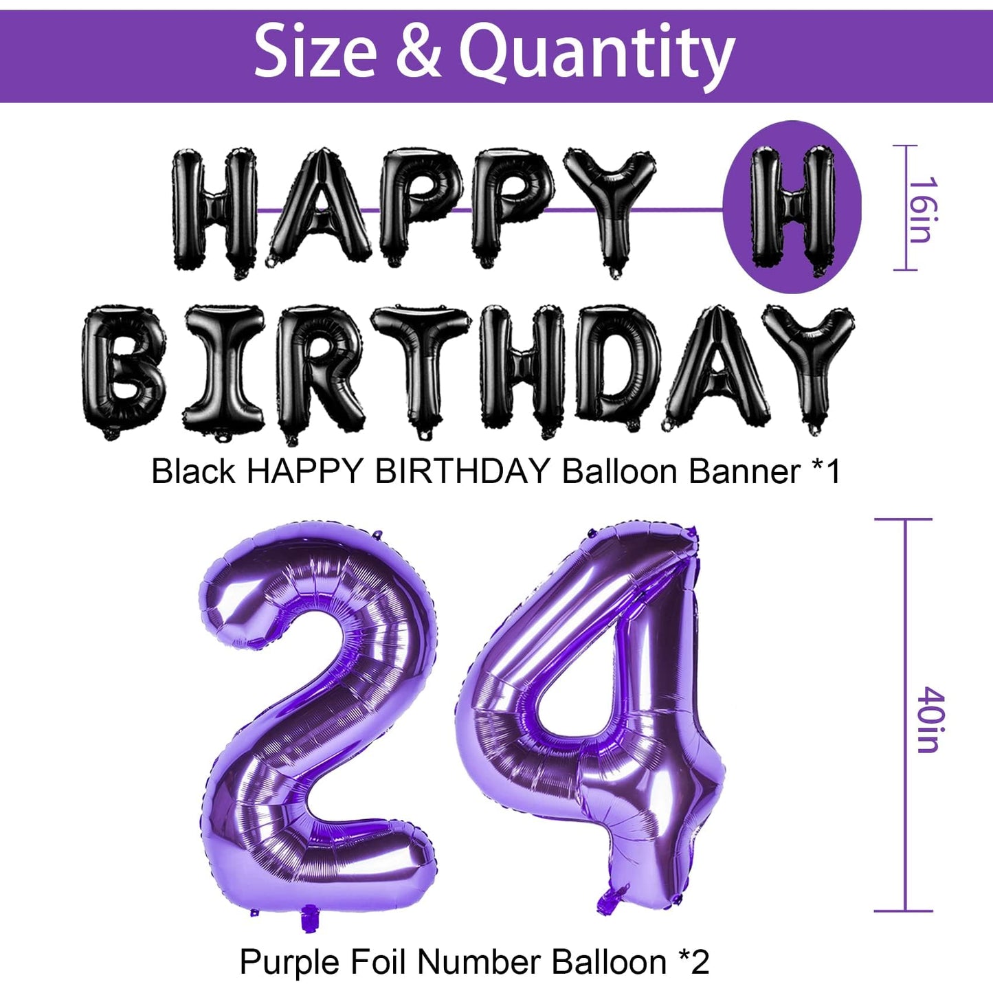 Naninuneno 24Th Birthday Decorations Set For Girl Women Boy Men,Purple Black 24 Happy Birthday Balloons Supplies With Purple Num