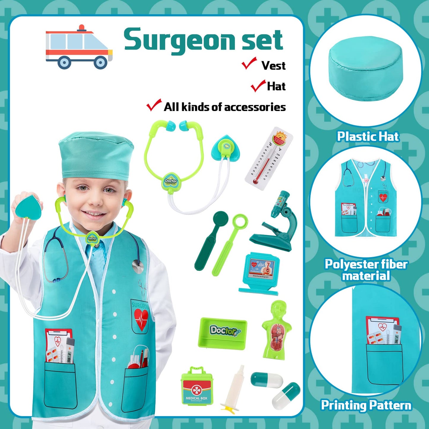 Deekin 5 Sets Kids Dressing up Costumes  Toddler Dressing up and Play for Age 3-7  Construction Worker  Police  Firefighter  Doctor  Surgeon Vest for Boys Girls Pretend Role Accessories