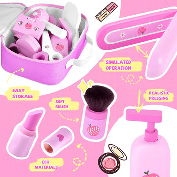 GAGAKU Wooden Makeup Toy Set Pretend Wood Beauty Hair Salon Toys for Toddler Wooden Makeup Kit for Girls with Styling Tools Chri