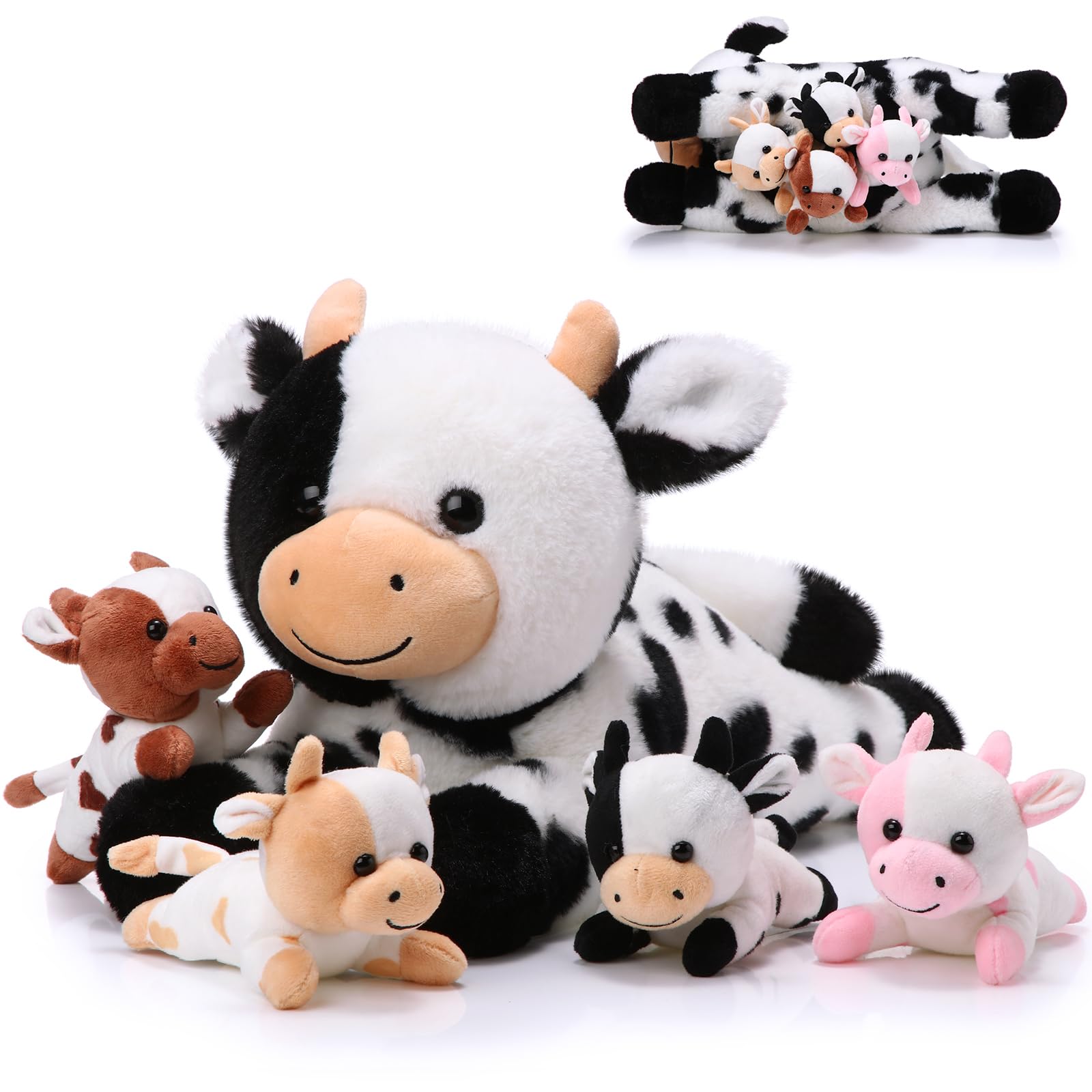 Sumind 5 Pcs Cow Plush Animals Set 13.78 Inch Mommy Cow Stuffed Animal With 4 Baby Cute Calf In Her Tummy Mommy And Small Plush For Baby Shower Boys Girls(Novel)