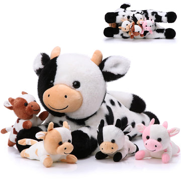 Sumind 5 Pcs Cow Plush Animals Set 13.78 Inch Mommy Cow Stuffed Animal With 4 Baby Cute Calf In Her Tummy Mommy And Small Plush For Baby Shower Boys Girls(Novel)