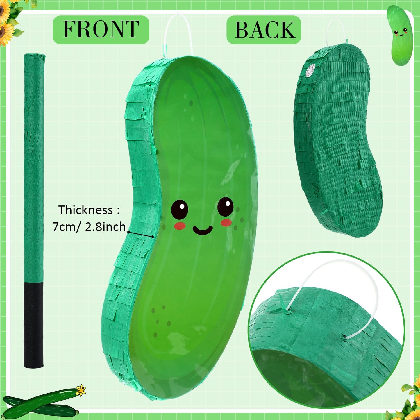 Sonwyoung Cucumber Theme Piñata for Kids - 15.7"x6.7"x2.8" Green Paper with Bat, Blindfold & Confetti for Parties and Baby Showers