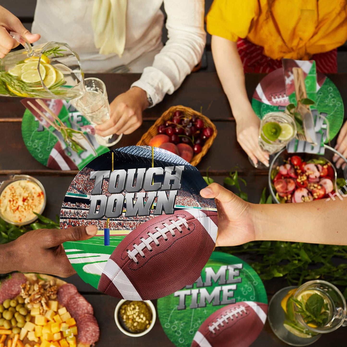 Football Party Supplies Kit Serve 25, Includes Disposable Dinner Plates, Dessert Plates, Napkins, Cups,And Football Tablecloth,