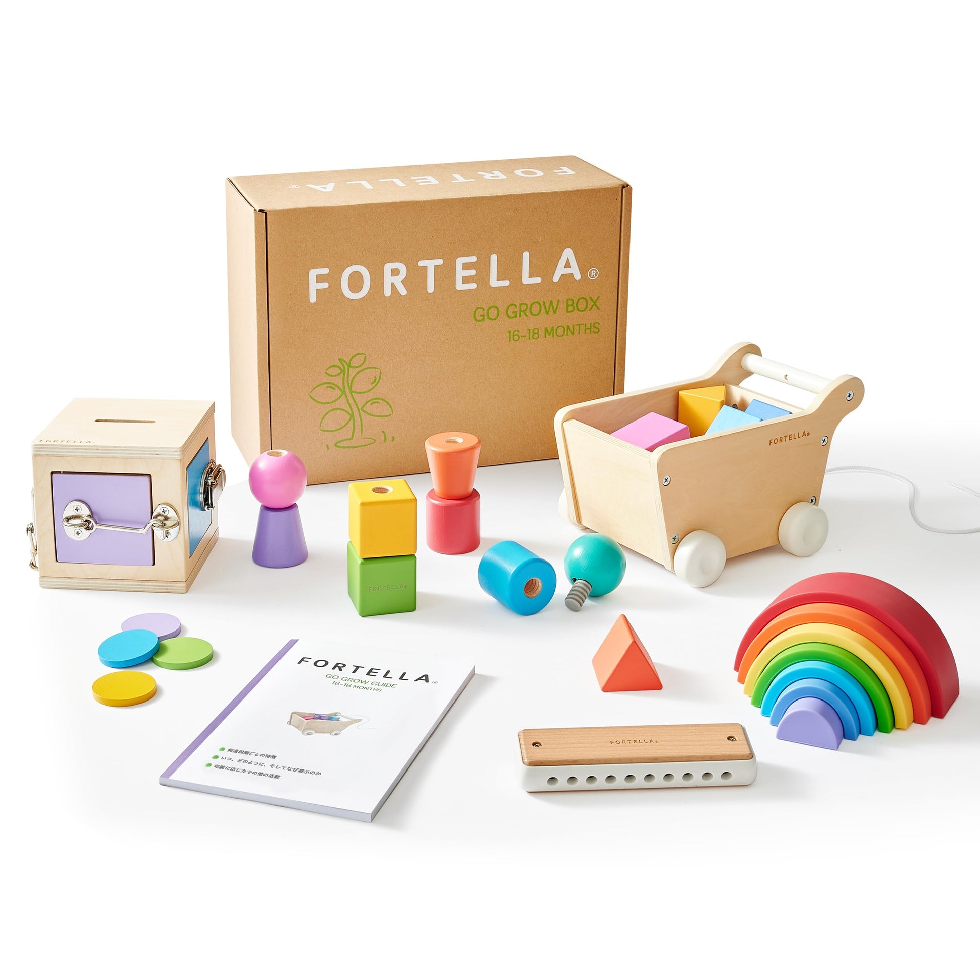 Fortella Montessori Toys for 1 Year Old, 6-in-1 Wooden Learning Educational Box Set with Latches Box, Pull Along Trolley, Nuts a