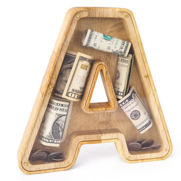 Wood City Letter Piggy Bank For Adults Boys Girls Kids, Wooden 9 Inch Large Personalized Bills And Coins Bank Money Box, Customi