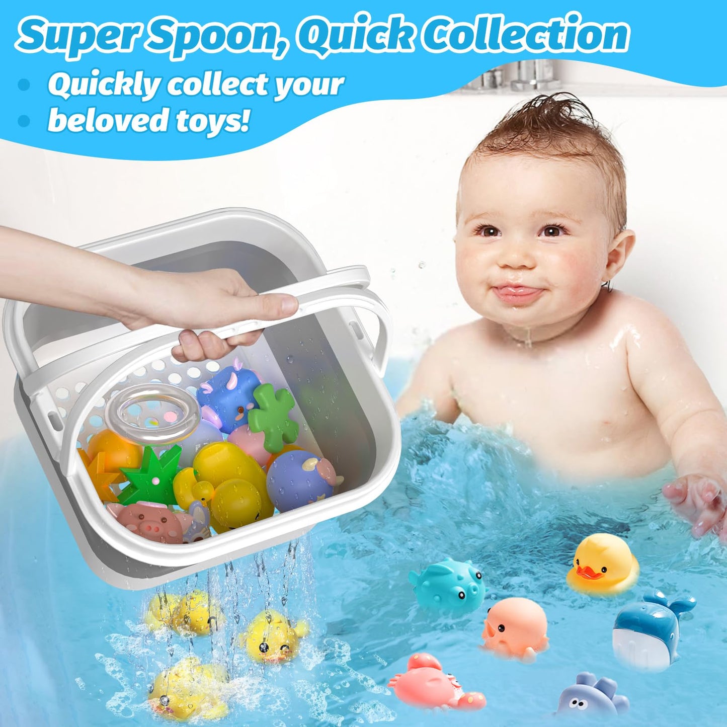 Anivia Foldable-Bath-Toy-Storage-Organizer, Bath Toy Holder With Removable Base, Quick-Drain-Drying Bathtub Toy Storage, Basket Bathroom Shower Toys Holder For Kids (Gray)