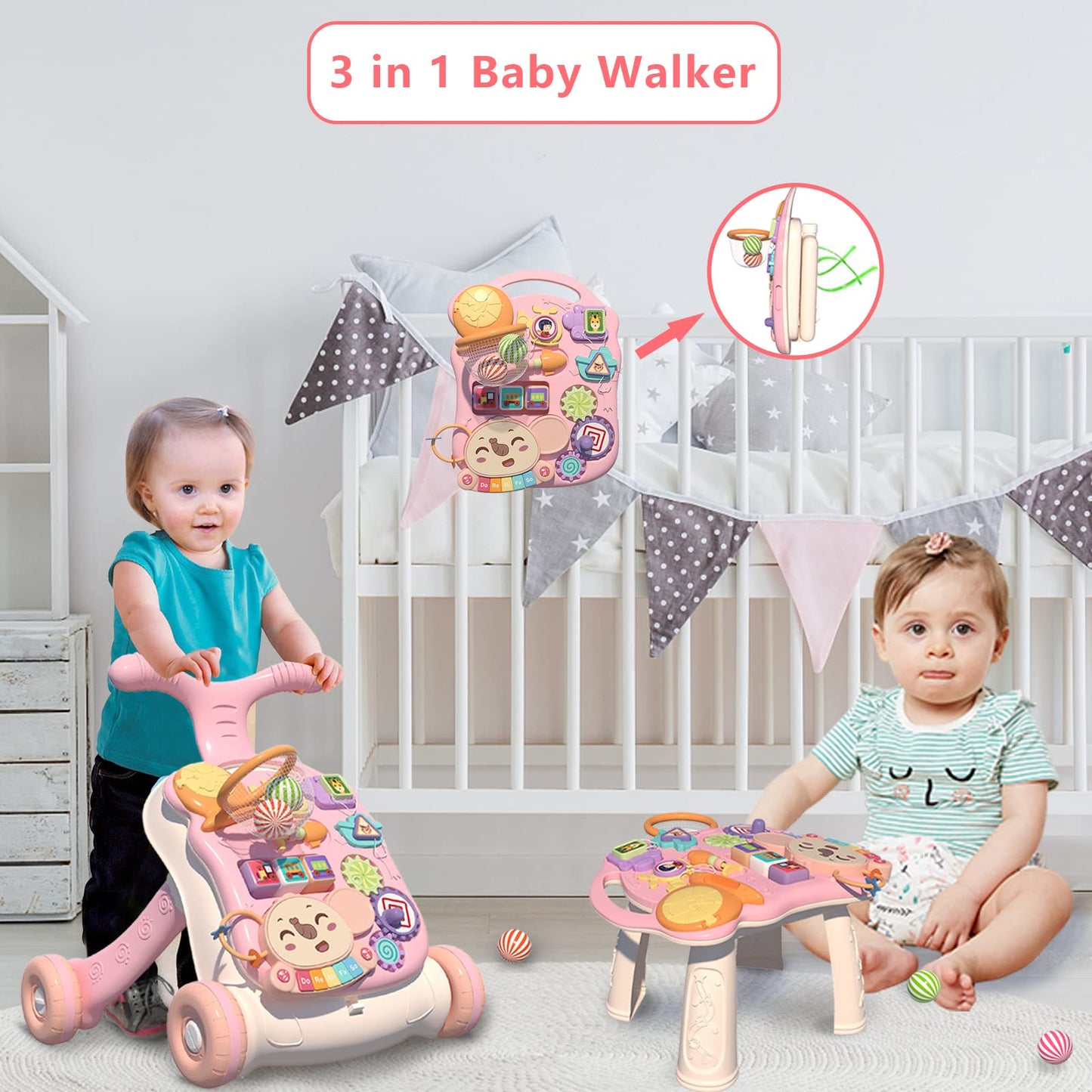QDRAGON 3 in 1 Baby Walker & Activity Center, Pink, 18"x13", Plastic, Model B08ZYB9NPR, Educational Push Toy for Infants 12+