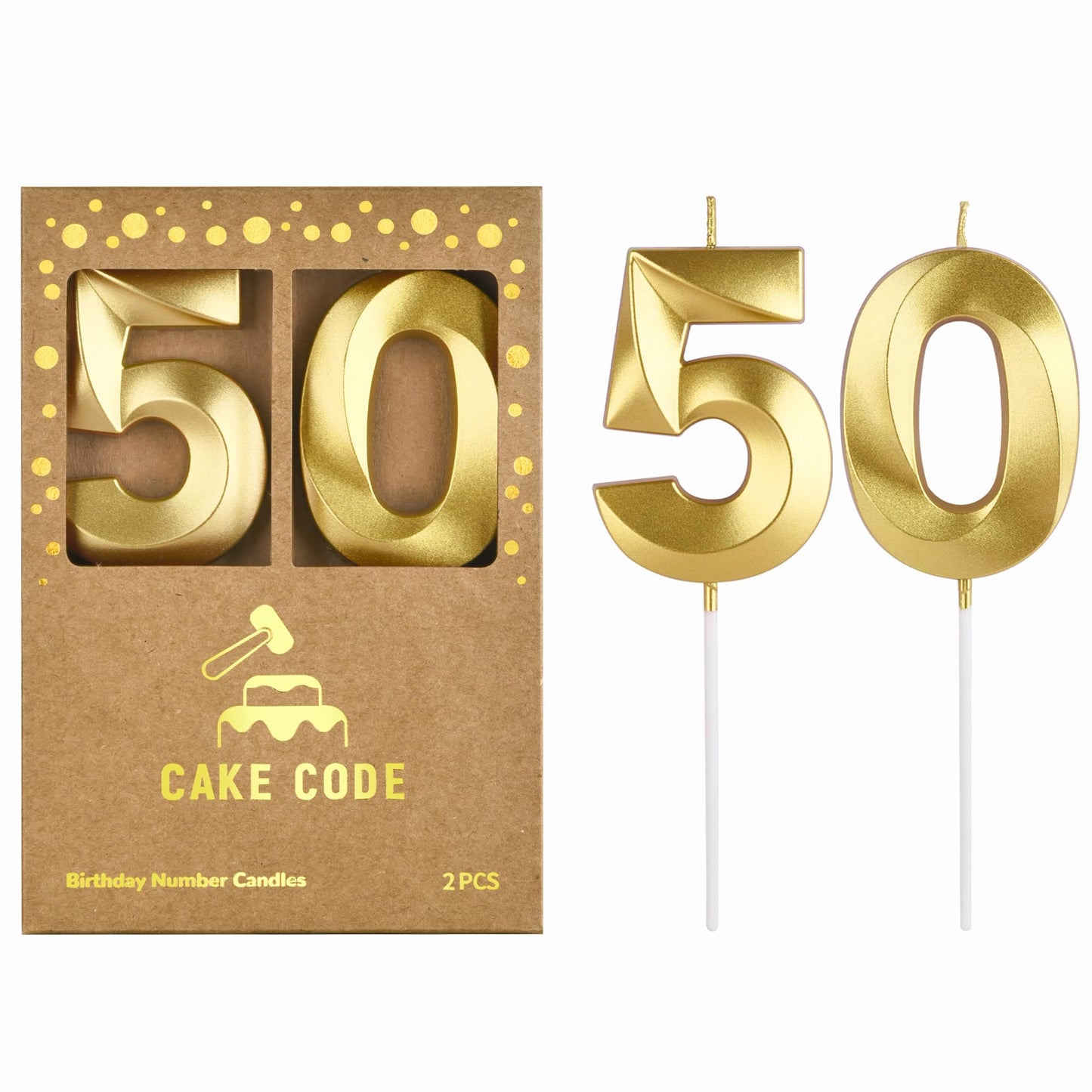 CAKE CODE 2.76 Inch Diamond Gold 50 Number Birthday Candles, Gold Number Candles, Cake Number Candles, Party Celebration