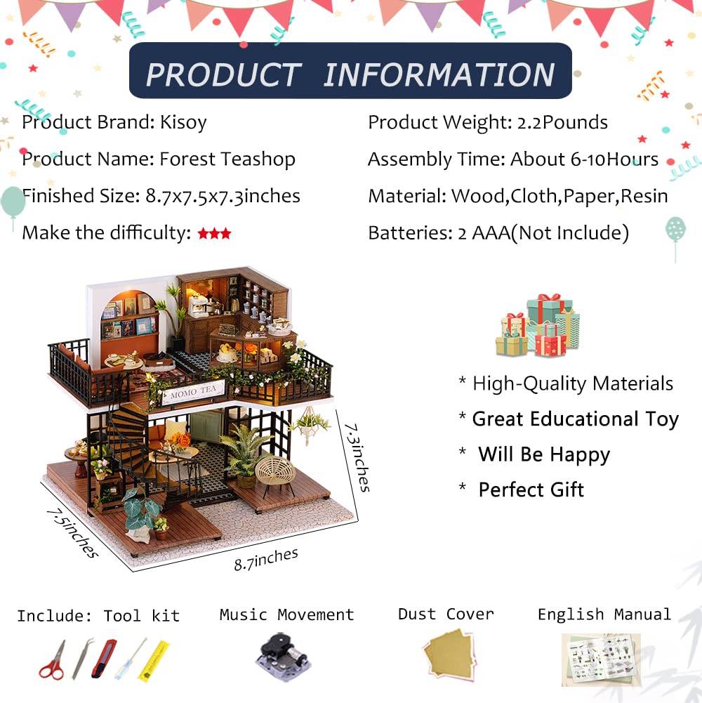 Kisoy Dollhouse Miniature with Furniture Kit  Handmade DIY House Model for Teens mature-themed Gift (Forest Teahouse)