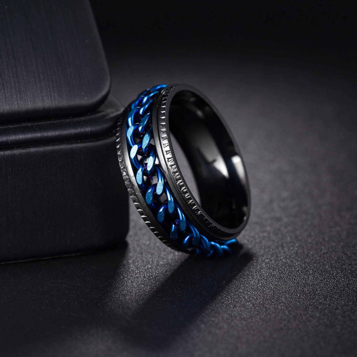 Udolfly Mens Fidget Rings Anxiety Rings For Men Womens Chain Spinner Rings For Adults Titanium Steel Ring Black Blue Size 9