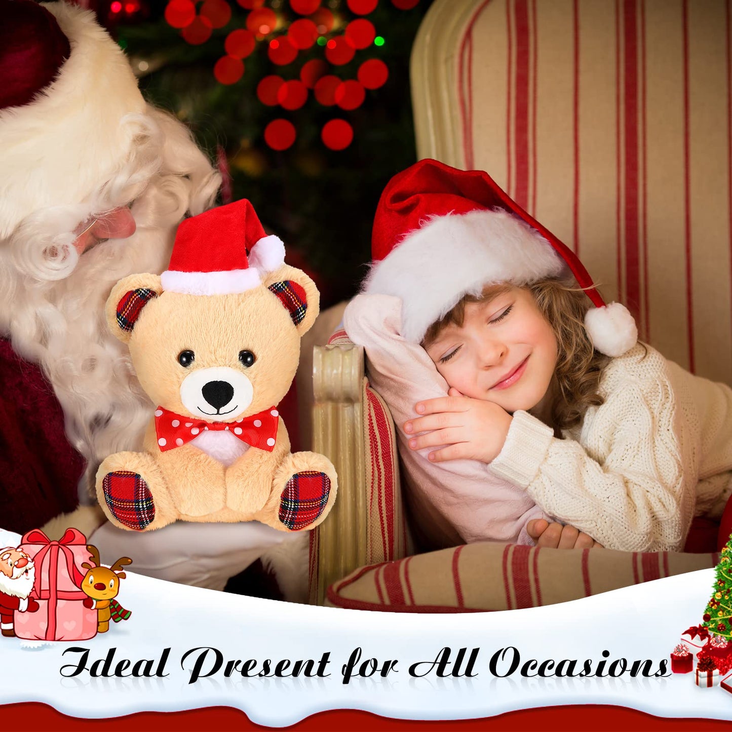 Threan 8 Inch Christmas Stuffed Animal Christmas Plush Toy Doll With Santa Hat Xmas Plush Stuffed Bear Monkey Deer Lion Koalas Panda Dog Elephant For Valentine'S Day, Festival (Little Bear Style)