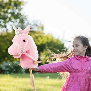 Hollyhome Plush Unicorn Stick Horse With Wood Wheels Real Pony Neighing And Galloping Sounds Plush Toy Pink 37 Inches(Aa Batteries Required)