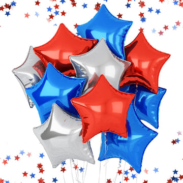 Feyg Star Balloons, 10 Pcs Red Blue Silver, 18'' Aluminum Foil, Self-Sealing, For Helium, Party Decorations, Wide Occasions