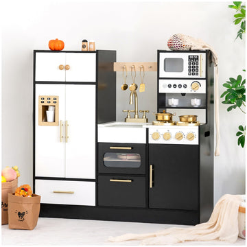 Wooden Play Kitchen Set for Kids - Interactive Pretend Toddler Kitchen Playset with 12 Kitchen Toy Accessories, Perfect for Ages