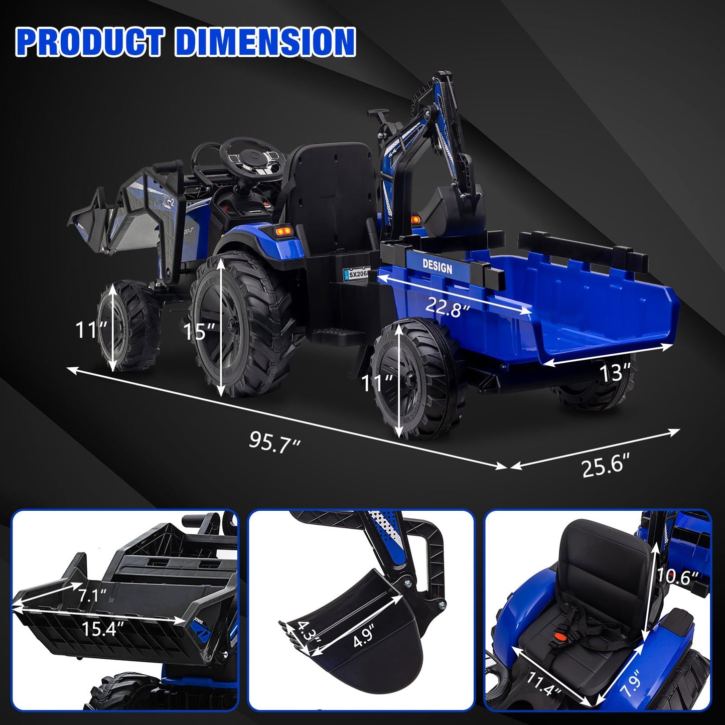 3 in 1 Ride on Tractor, 24V Ride on Toy for Big Kids, Excavator Bulldozer - Battery-Powered Electric Vehicle w/Trailer, Digger,