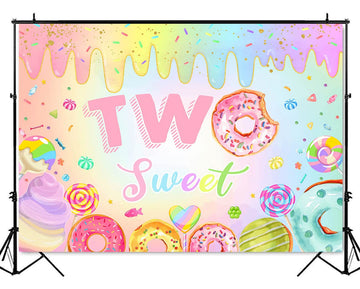 Mocsicka Donut Two Sweet Birthday Backdrop Sweet Candy Second Birthday Party Decorations Background Cake Table Banner Happy 2nd