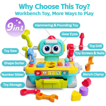 iPlay, iLearn Toddler Musical Workbench - Pretend Play Tool Set, Shape Sorter & Pounding Game for 1-3 Year Old Boys & Girls, Multicolored