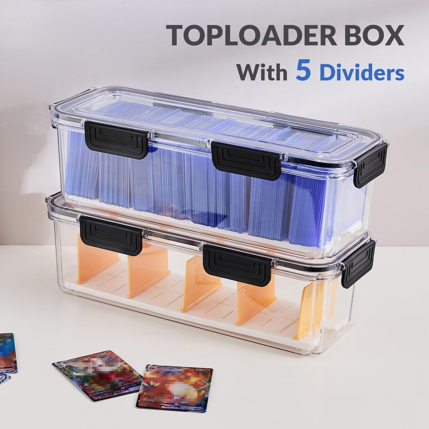 DEEIF Toploader Storage Box - Hard Plastic TCG Card Box with 5 Dividers, Fits 165 Toploaders, 13 x 5.3 x 3.9 inches,