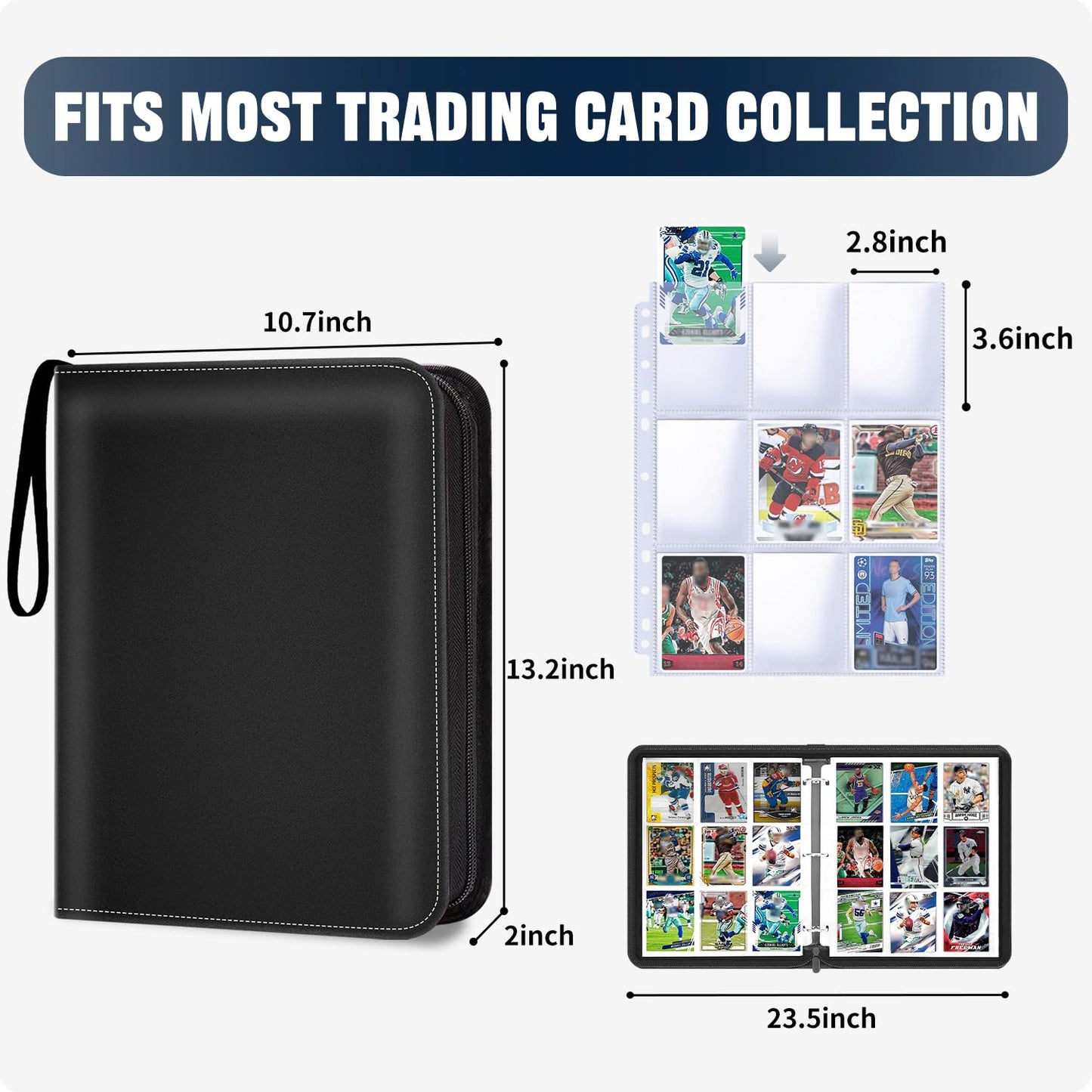 HESPLUS 900 Pockets Trading Card Album Folder  Baseball Card Binder with Sleeves  Collectible Trading Album for Baseball Cards  Trading Cards  Lorcana Cards  MTG  TCG  Game Cards  Sports Cards -Black