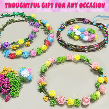 Wubomjio Diy Flower Crown Crafting Kit(Rose Theme), Make Your Own 12Pc Floral Crown Garland Kit, Presents For Kids Ages 6 7 8 9 10 Years Old And Up
