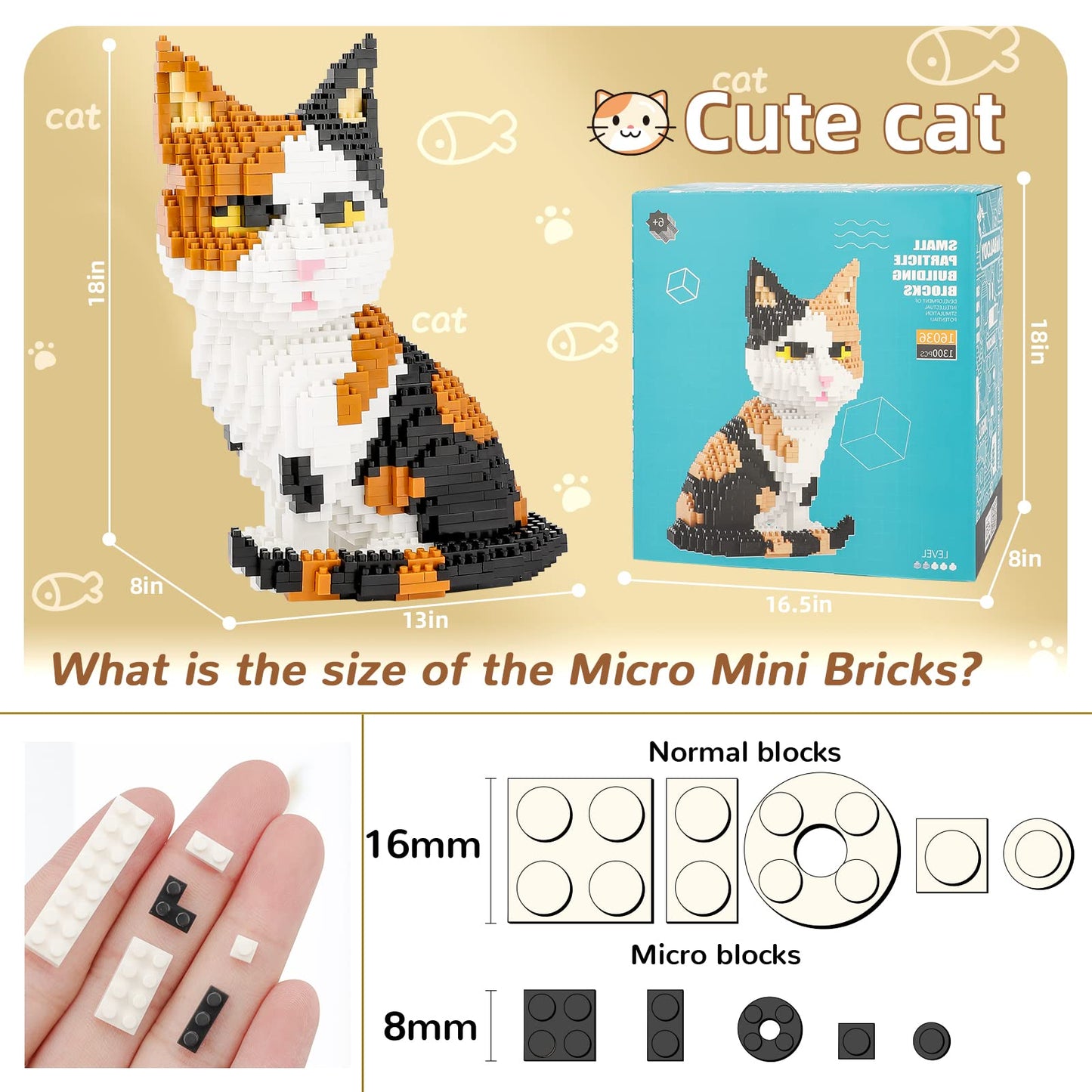 Qlt Qiaoletong Cat Mini Building Blocks Cute Animals Sets For Goodie Bags, 1300 Pcs Micro Mini Building Toy Diy 3D Bricks Kit For Adults, Party Favors For Kids, Birthday Gift For Boys Girls