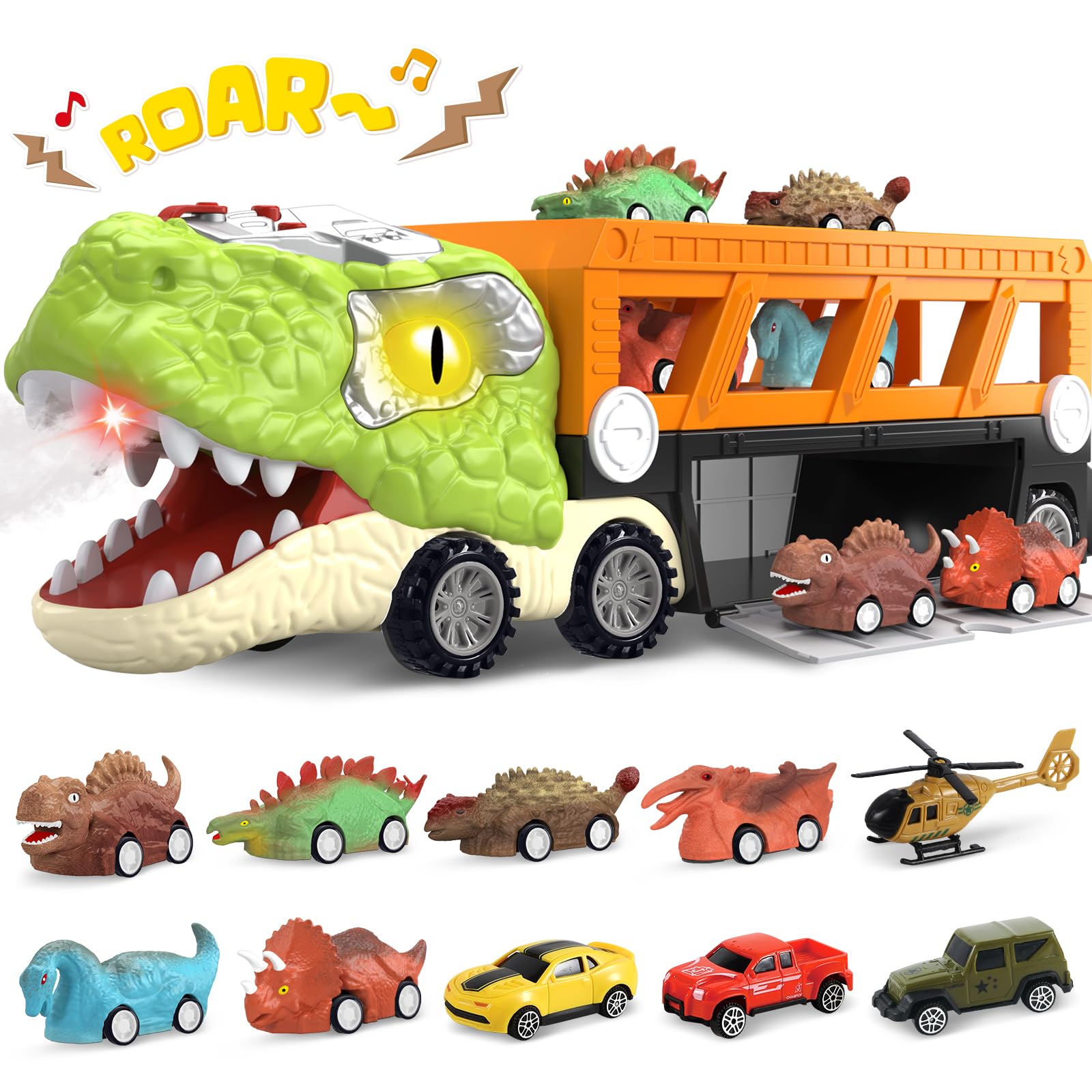 SpringFlower 11 in 1 Dinosaur Toys, Dinosaur Toys for Kids 3-5, Dinosaur Truck with 10 Pull Back Cars, Toddler Boy Toys Age 3 4 