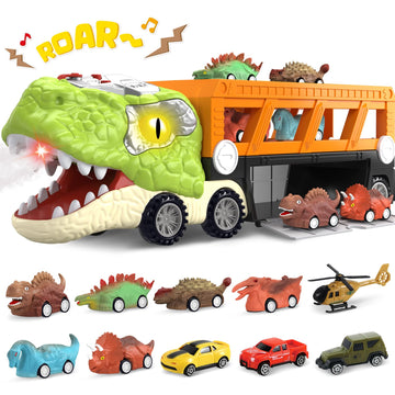 SpringFlower 11 in 1 Dinosaur Toys, Dinosaur Toys for Kids 3-5, Dinosaur Truck with 10 Pull Back Cars, Toddler Boy Toys Age 3 4 