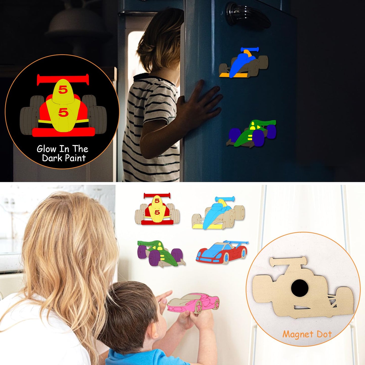 LARDUX Race Car Party Favors, 24PCS DIY Wooden Arts & Crafts Painting Kit for Kids, Glow in The Dark Party Favors Family Crafts