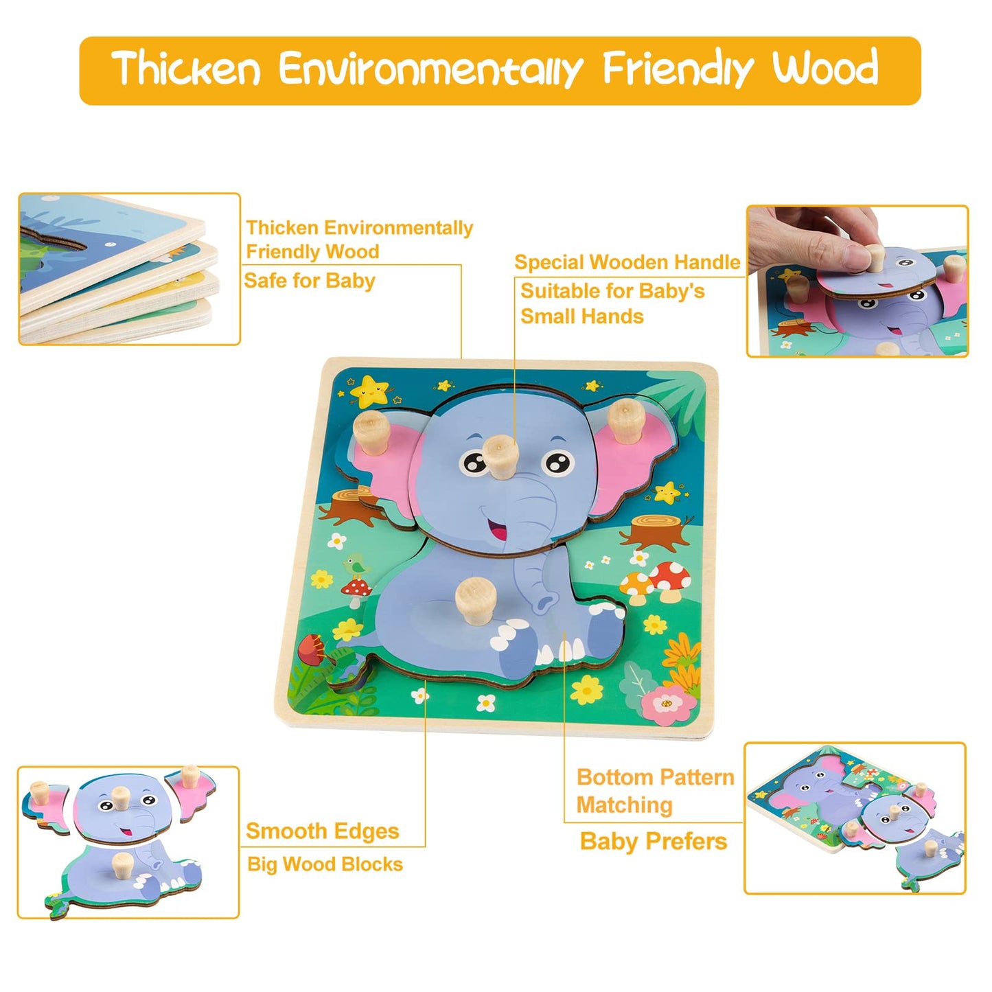 Wooden Toddler Puzzles, Funsland Peg Puzzles Gifts Toys, 4 Pcs Eco Friendly Animal Patterns Jigsaw with Handles, Infant Kid Fine