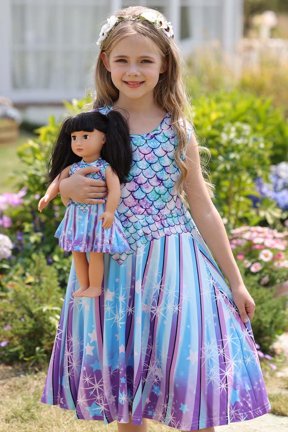 Bow Dream Girl Dress and Matching American Girl Doll Clothes Accessoriess Rainbow Mermaid Unicorn Size 150