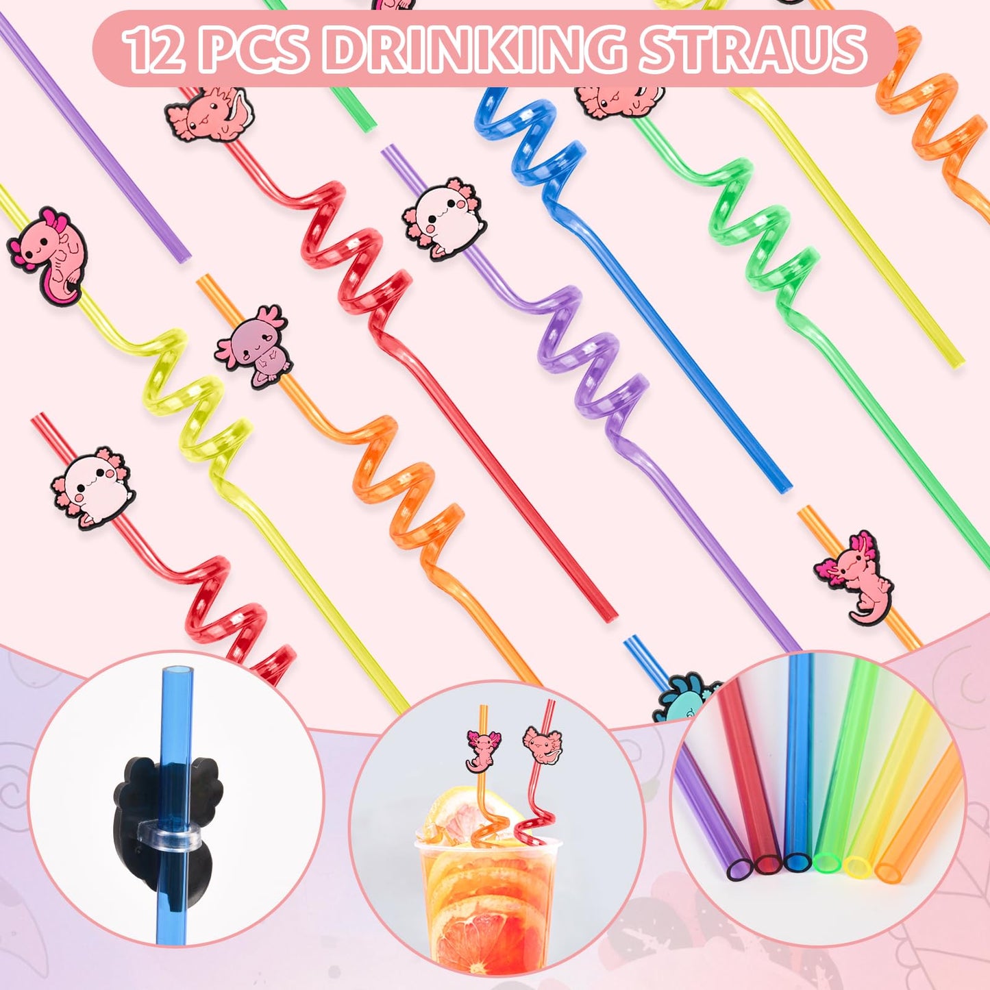 LiYiQ 134 Pcs Axolotl Party Favors Set - Straws, Keychains, Stickers, Gifts for Birthday Party Supplies