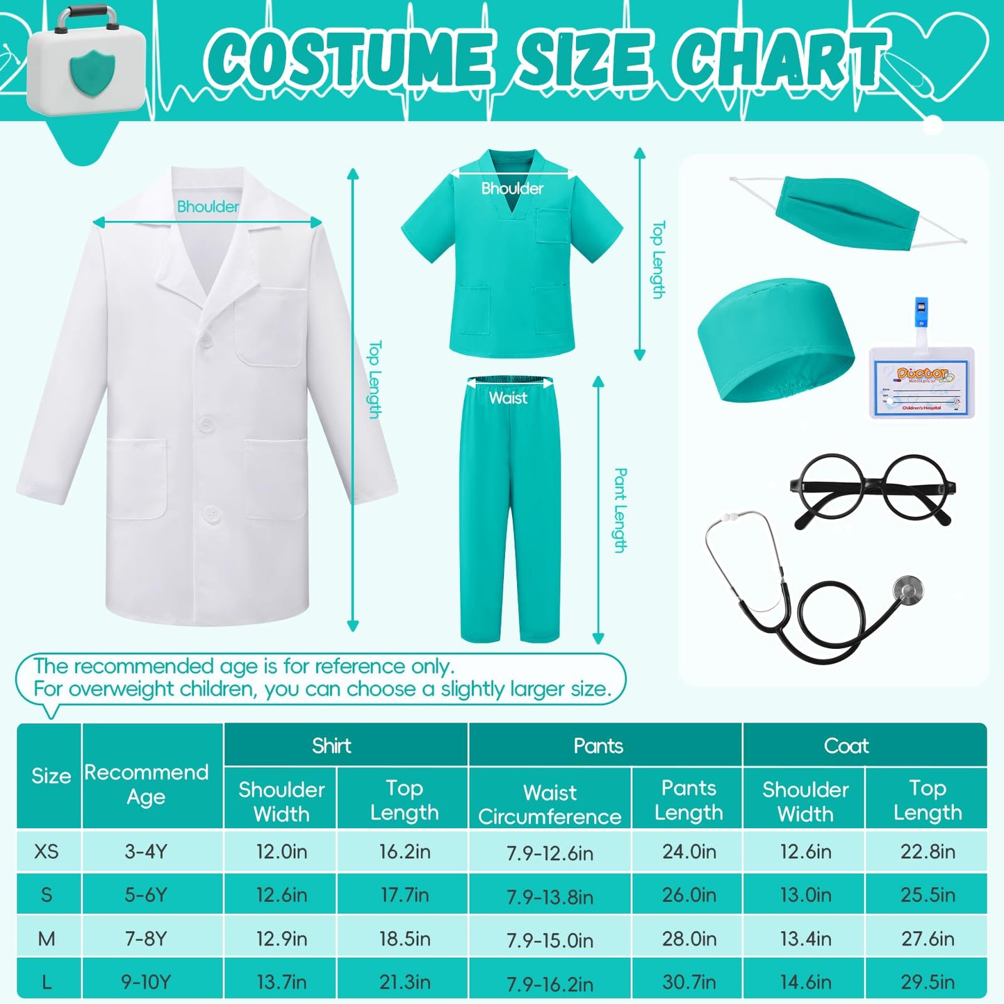 Funsenly Doctor Costume For Kids - 8Pcs Caree Day Kids Scrubs With Lab Coat Dress Up Set, Halloween Costumes For Girls Boys, Tod