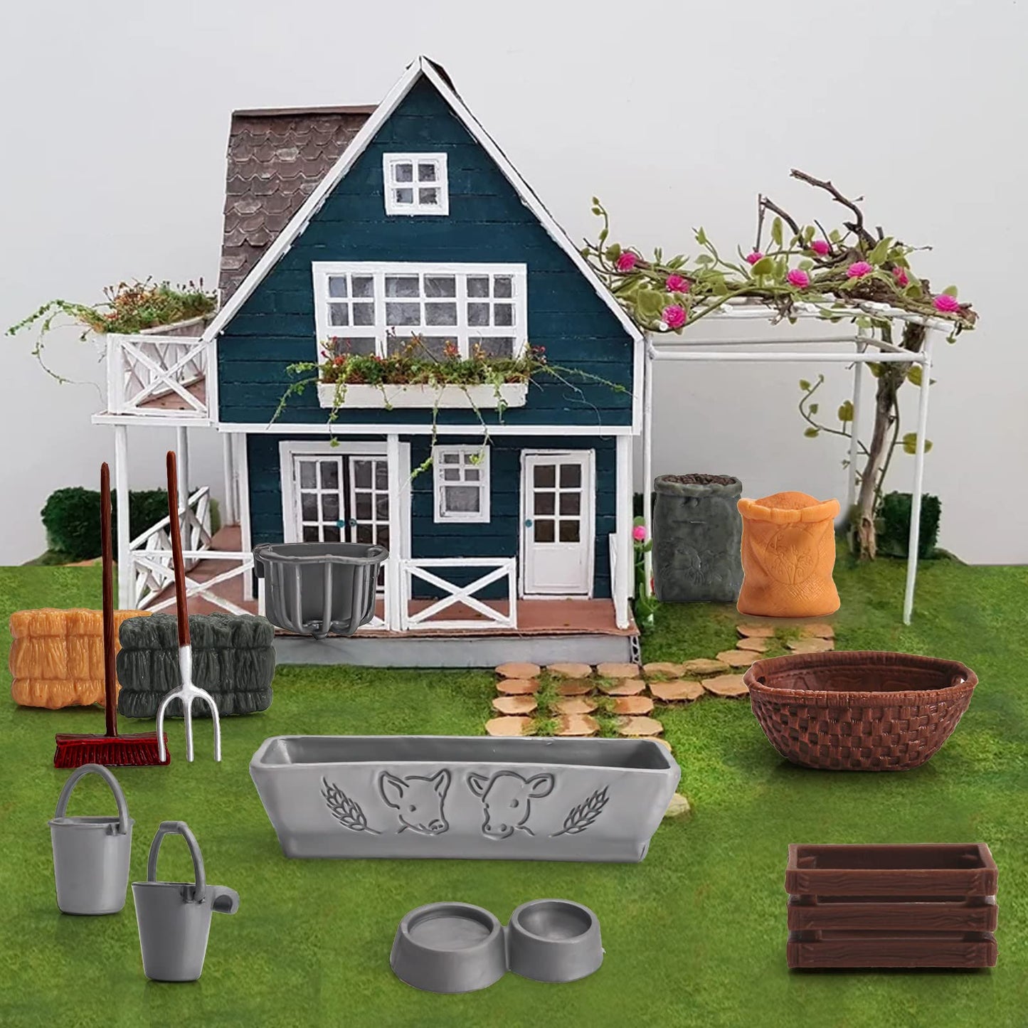 13Pcs Farm Toys Feed Barn Food Accessories Toy Farm Tools Set For Farm Animals Figure Horse Stable Playset Fence Farm Accessorie