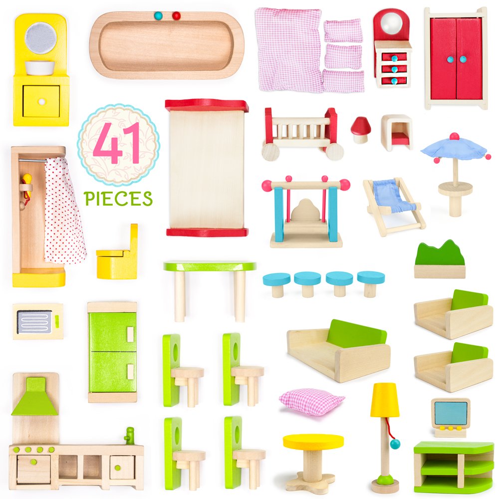 Wooden Dollhouse Furniture|Made Of Safe Wood And Bright Water-Based Paint|Compatible With Most Doll Houses|41 Pc Bundle