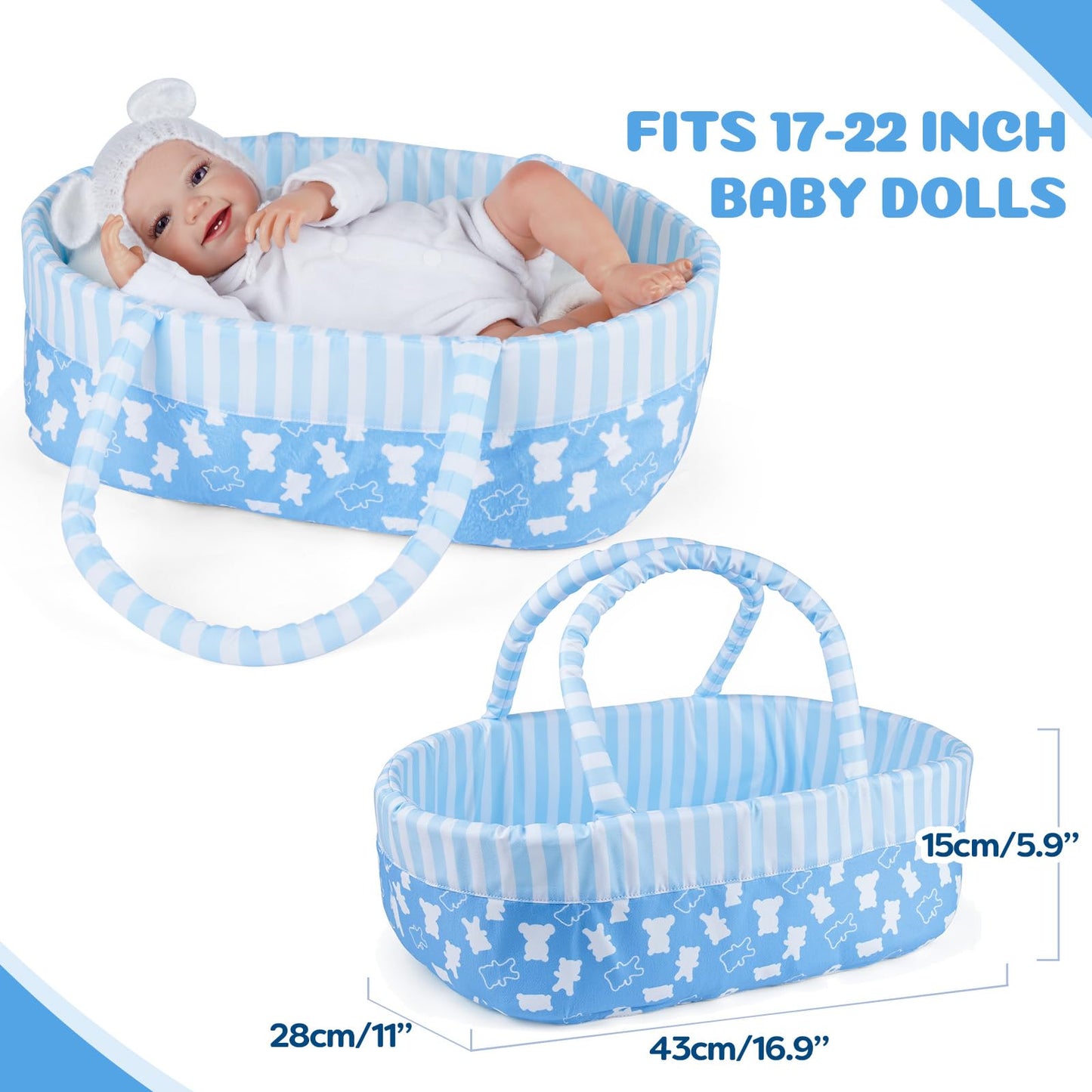 Babeside Reborn Baby Doll Bassinet For 17-22 Inch Dolls, Cute Bear Patterns Baby Doll Accessories Soft Foldable Babydoll Crib Be