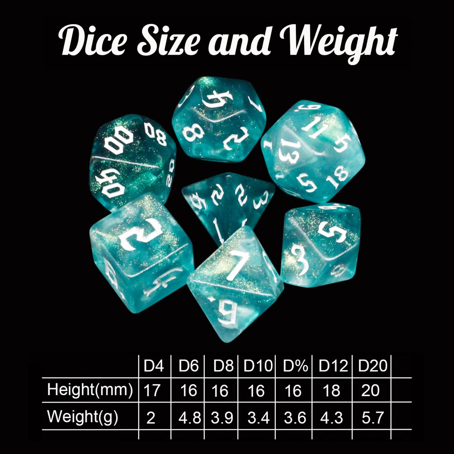 DND Dice 7Pieces, Polyhedral Dice Set,Cyan&Blue Double Color Glitter Dice Set,D&D Dice Set for Dungeons and Dragons, RPG, MTG Ta