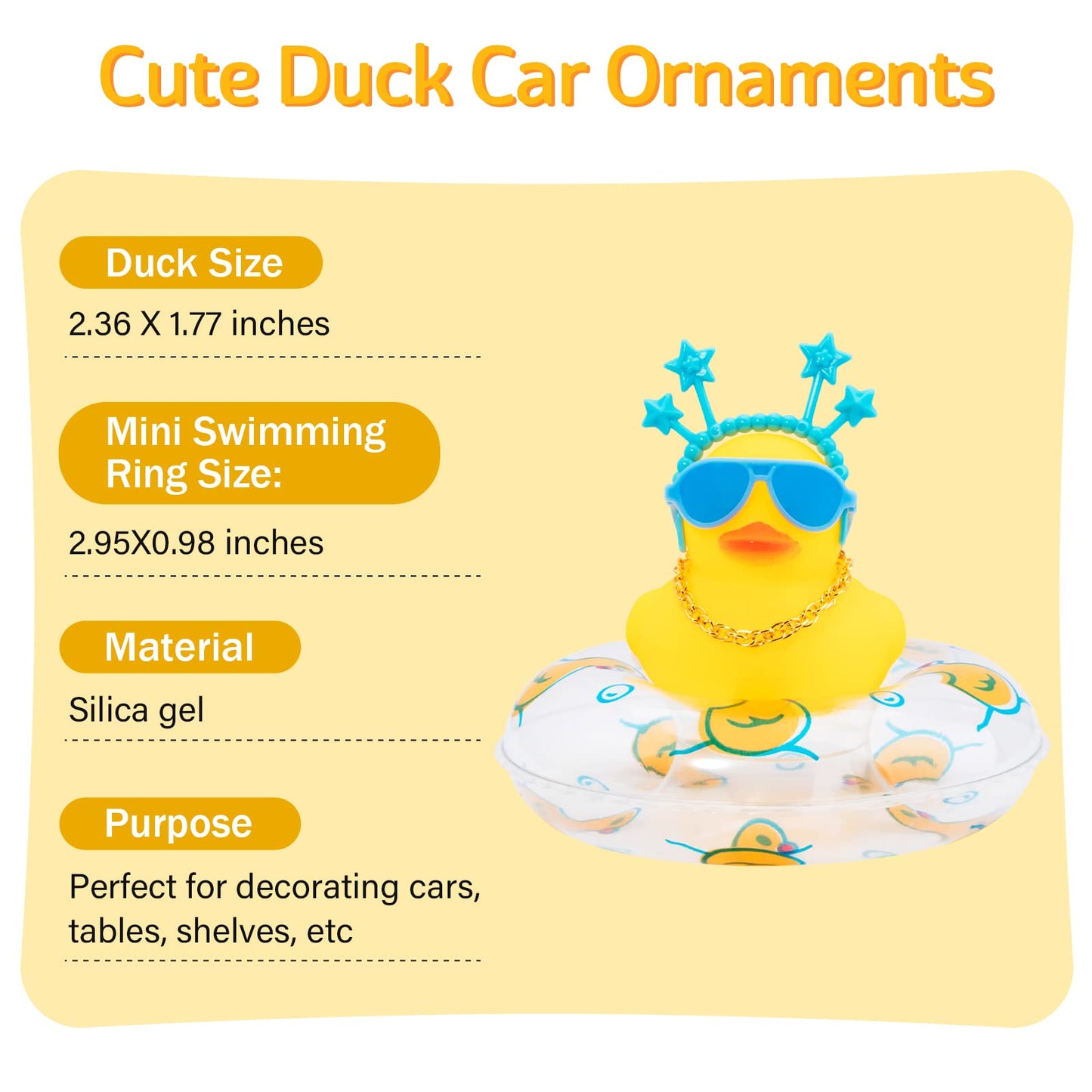 wonuu Car Duck Rubber Duck Car Ornaments Duck Car Dashboard Decorations with Cute Headband Swim Ring Necklace Sunglasses  B-Blue Star Headband-Transparent