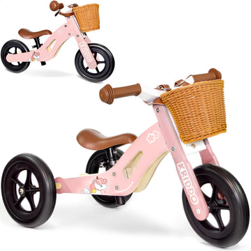 KRIDDO 2 in 1 Wooden Kids Tricycle and Balance Bike for 1-4 Years Old, No-Pedal Tricycle and Toddler Balance Bike with Basket an
