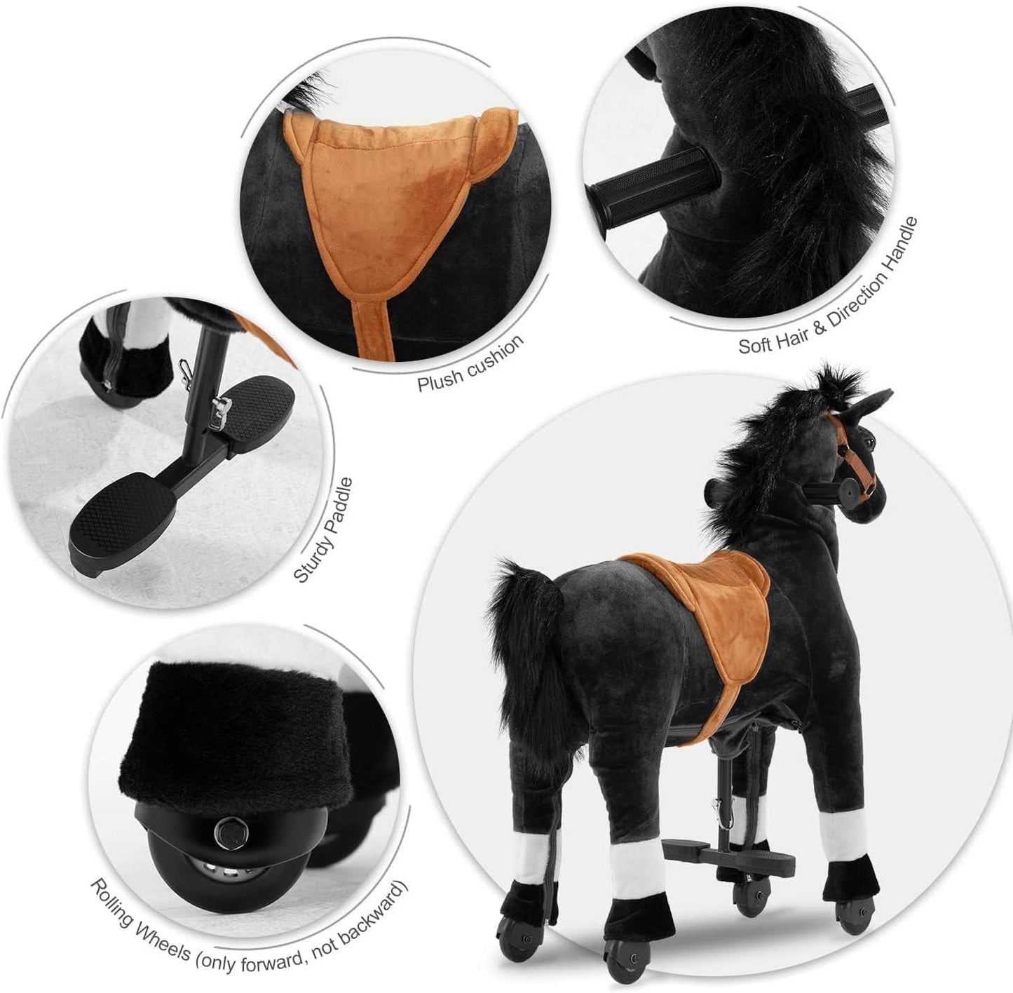 Pipleo Ride on Horse for Kids  (41.33'' Height) Horse Ride on Toy  Riding Horse Rider Mechanical Walking Action Plush Animal for 7 Years Old to mature-themed  No Battery or Electricity  Max Load 187 LBS - BK