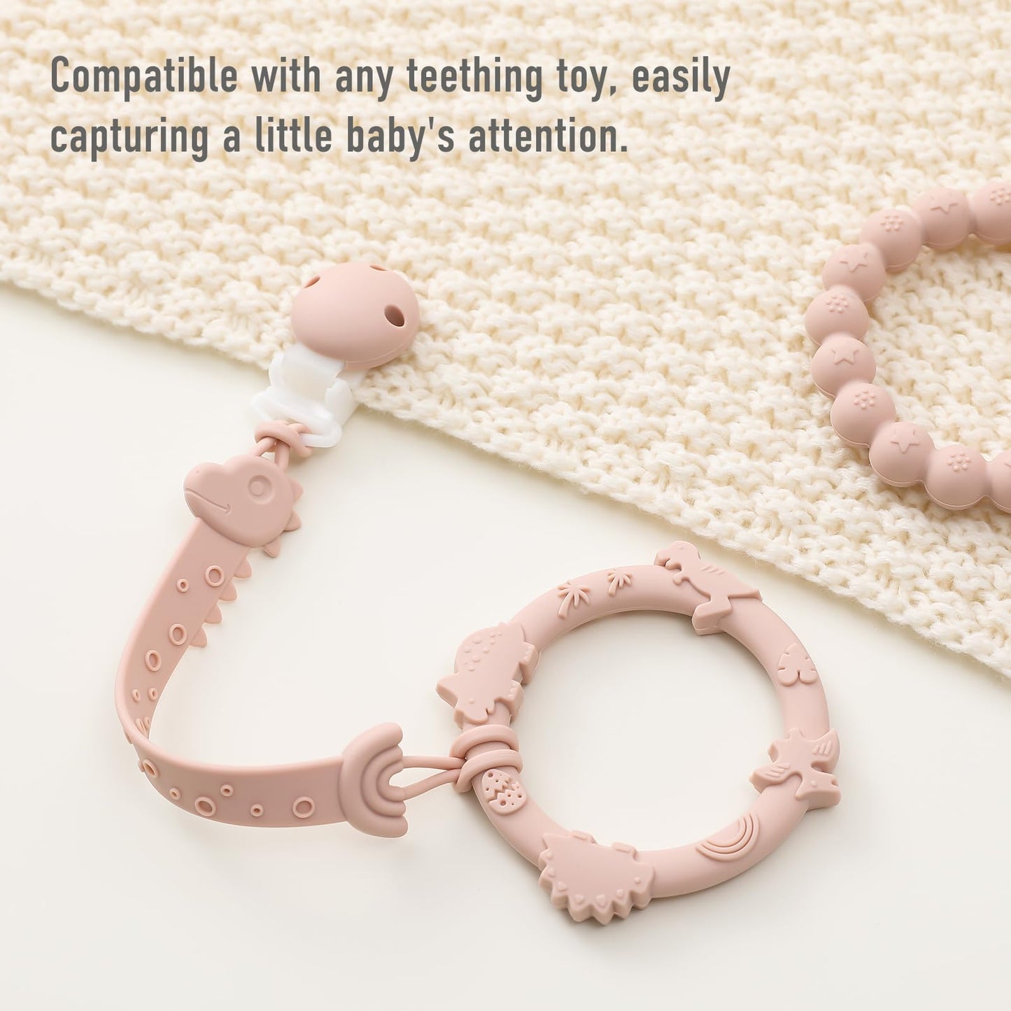 YIVEKO Silicone Teethers for Babies 0-6 6-12 Months Teething Toys for Infants Baby Chew Toys for Sucking Needs Baby Teething Rings for Infant Boys and Girls 3 Pack-Dinosaur-Blush