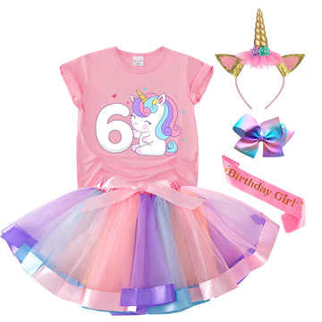 Tutu And Sian Unicorn Birthday Outfit For Girls - Unicorn Shirt, Tutu Skirt Dress, Birthday Girl Crown, Hair Bow & Satin Sash (Unicorn 6Y, 6 Years)